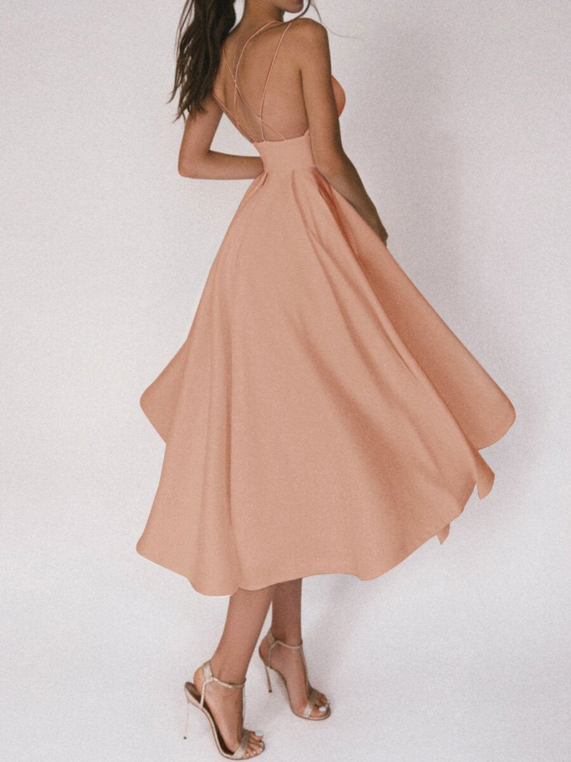 Sommerkleid | Einfarbig | V-Ausschnitt | Spaghettiträger | Ärmellos | Polyester-Aprikose-S-Luzern Mode