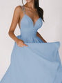 Sommerkleid | Einfarbig | V-Ausschnitt | Spaghettiträger | Ärmellos | Polyester-Blau-S-Luzern Mode
