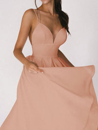 Sommerkleid | Einfarbig | V-Ausschnitt | Spaghettiträger | Ärmellos | Polyester-Luzern Mode
