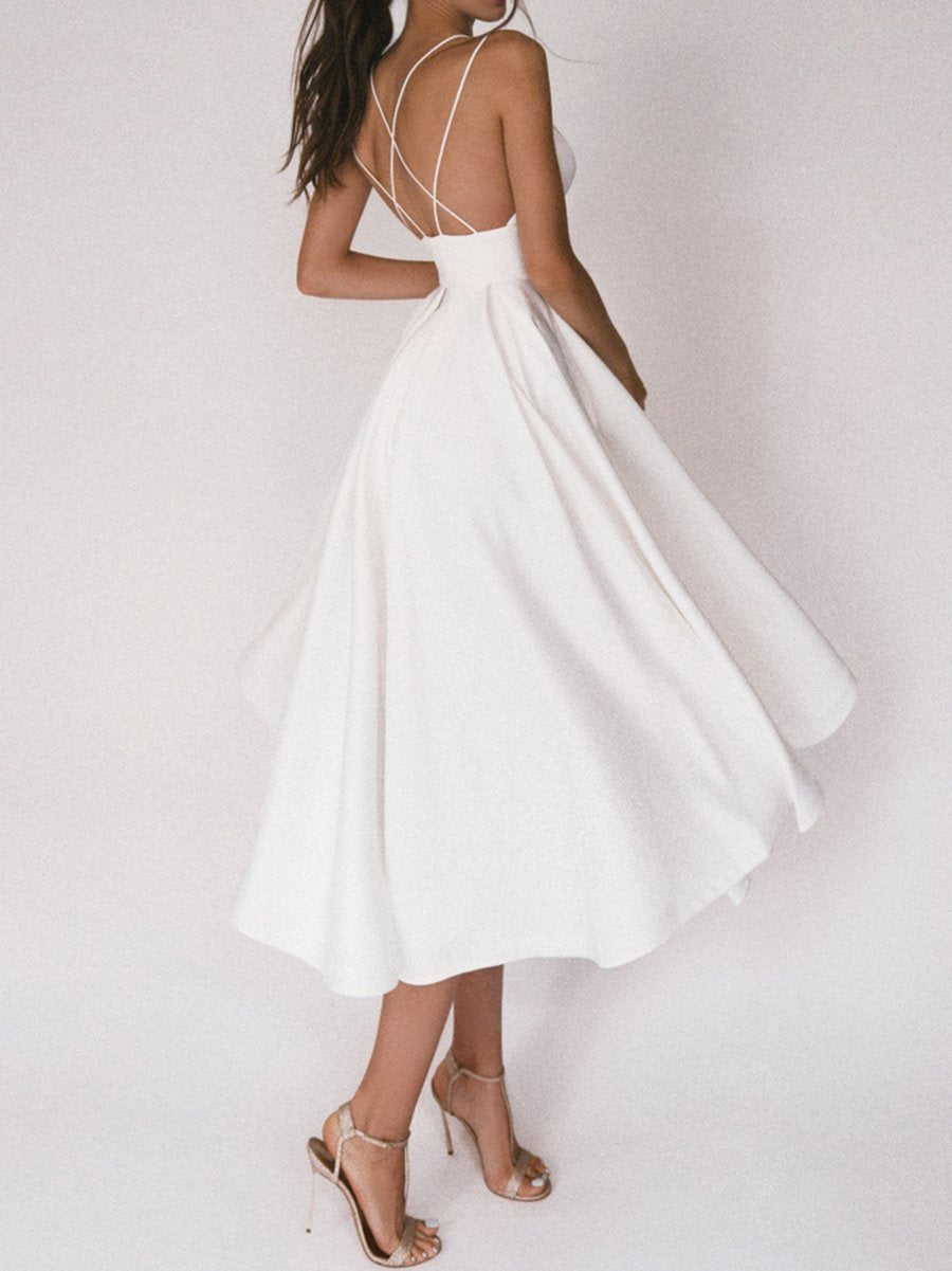 Sommerkleid | Einfarbig | V-Ausschnitt | Spaghettiträger | Ärmellos | Polyester-Luzern Mode