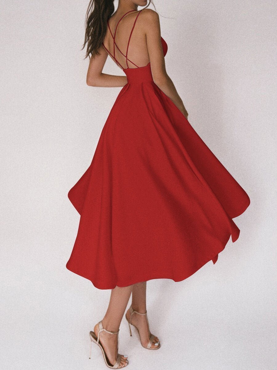 Sommerkleid | Einfarbig | V-Ausschnitt | Spaghettiträger | Ärmellos | Polyester-Luzern Mode