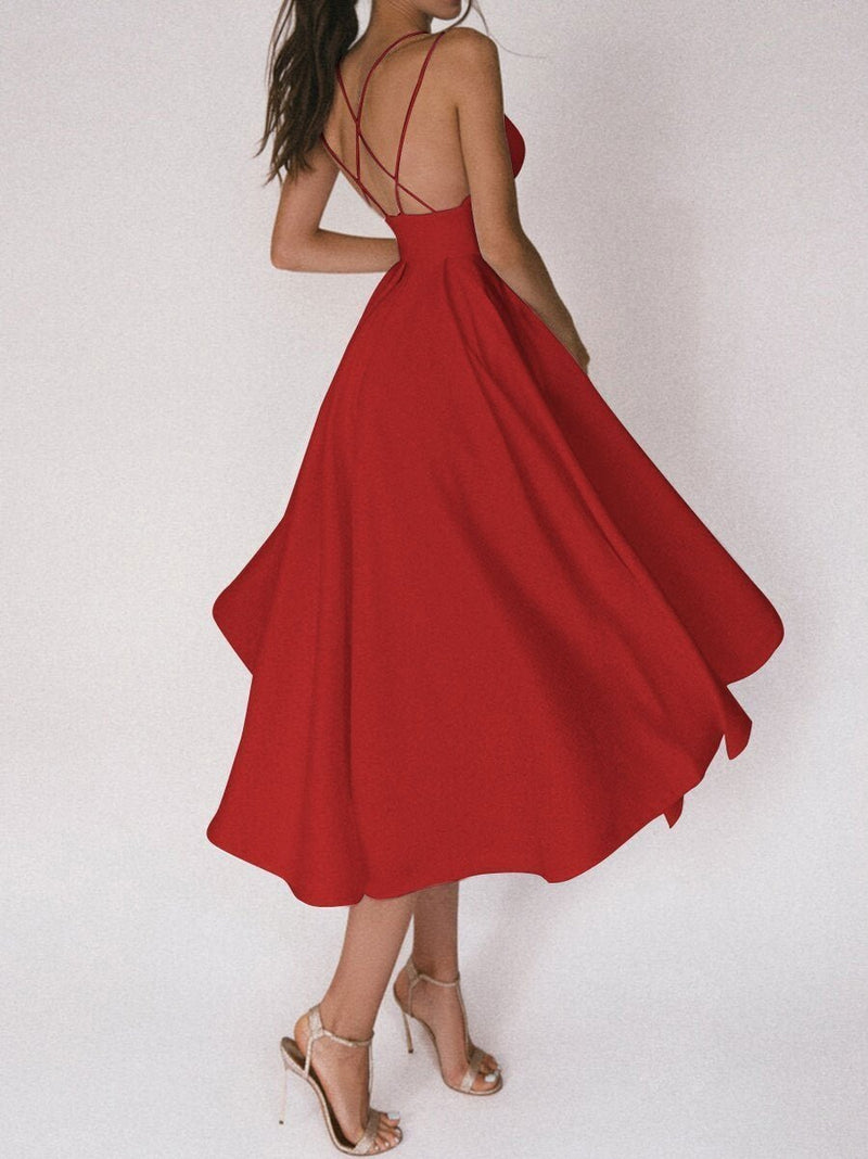 Sommerkleid | Einfarbig | V-Ausschnitt | Spaghettiträger | Ärmellos | Polyester-Luzern Mode