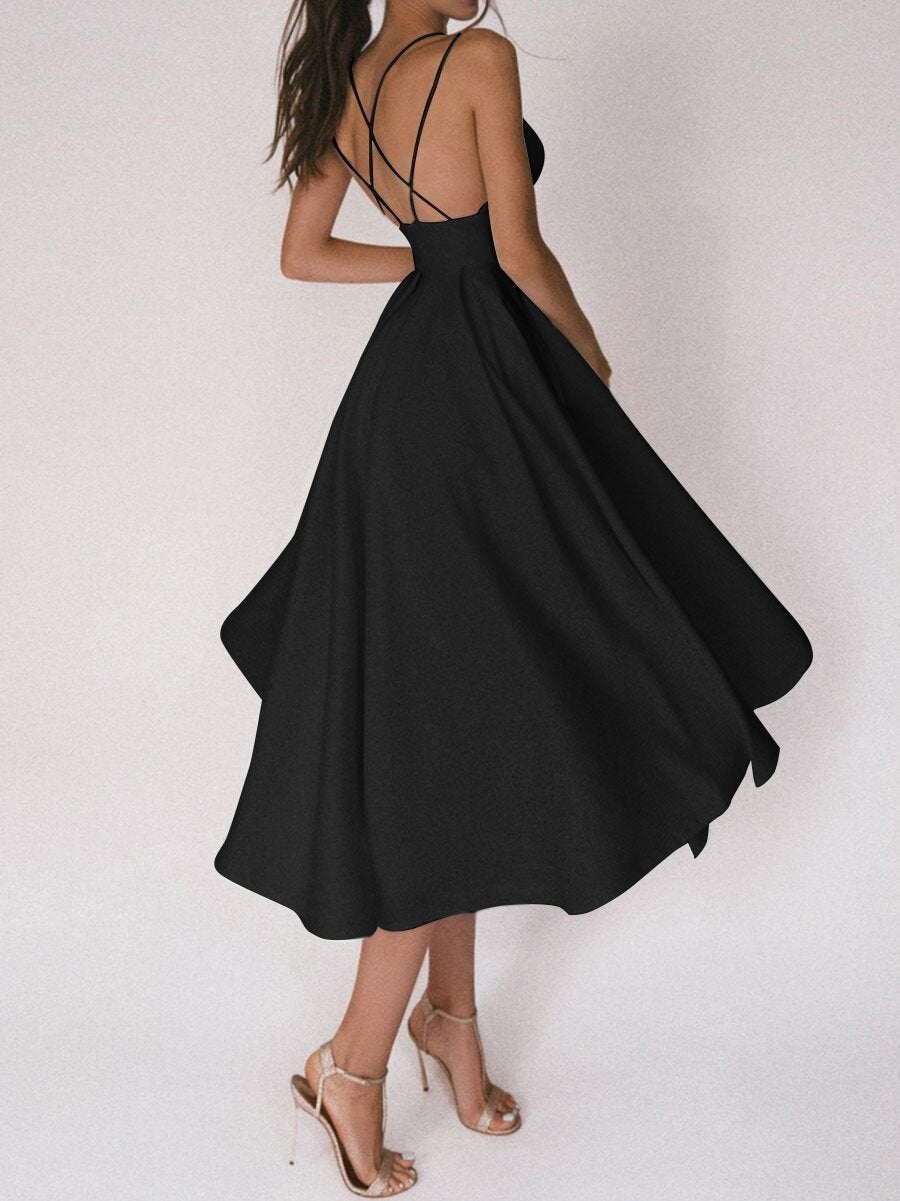 Sommerkleid | Einfarbig | V-Ausschnitt | Spaghettiträger | Ärmellos | Polyester-Luzern Mode