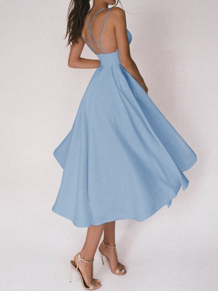 Sommerkleid | Einfarbig | V-Ausschnitt | Spaghettiträger | Ärmellos | Polyester-Luzern Mode
