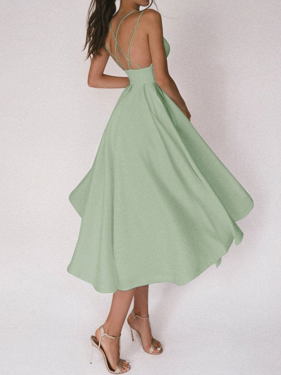 Sommerkleid | Einfarbig | V-Ausschnitt | Spaghettiträger | Ärmellos | Polyester-Luzern Mode