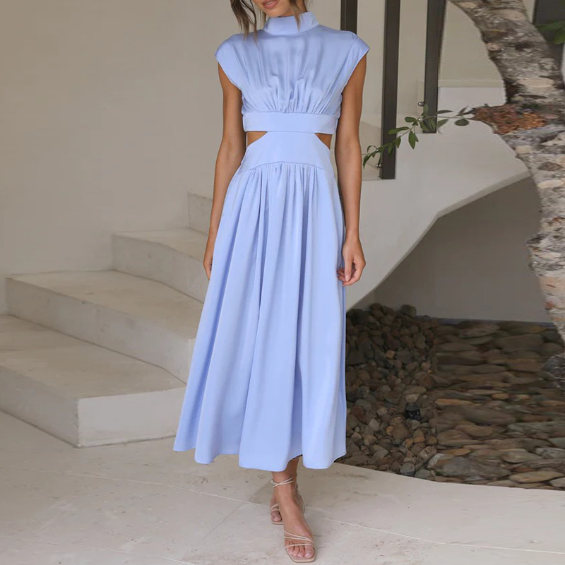 Elegantes Maxikleid Damen Sommermode Rückenfrei Design-Blau-S-Luzern Mode