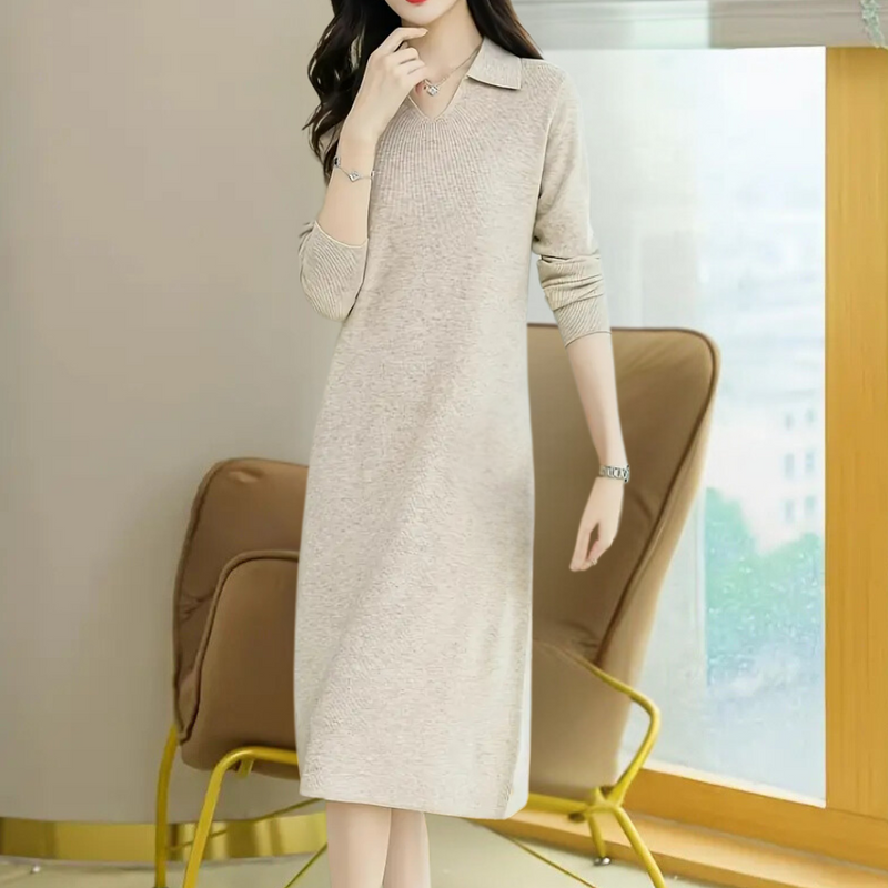 Elegantes Damen Strickkleid mit Kragen für Herbst/Winter-Aprikose-Luzern Mode