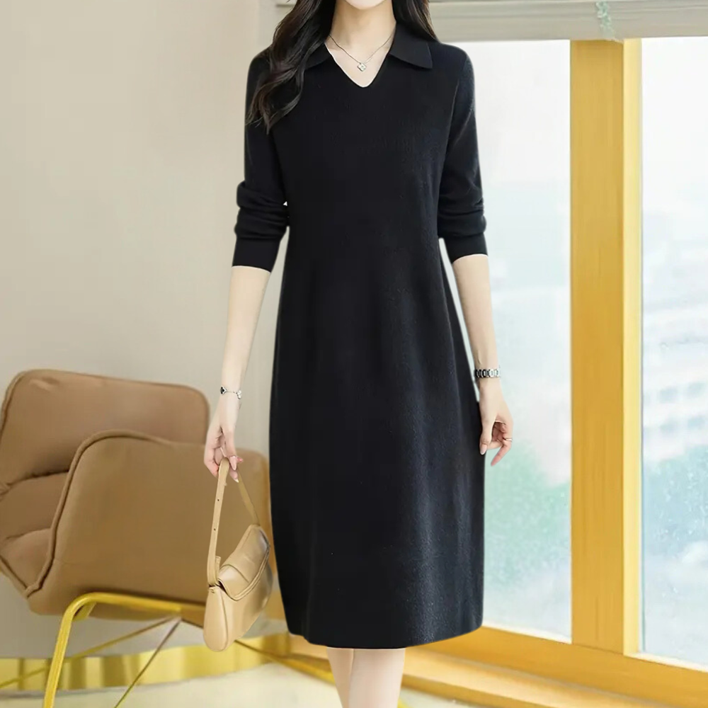 Elegantes Damen Strickkleid mit Kragen für Herbst/Winter-Schwarz-Luzern Mode