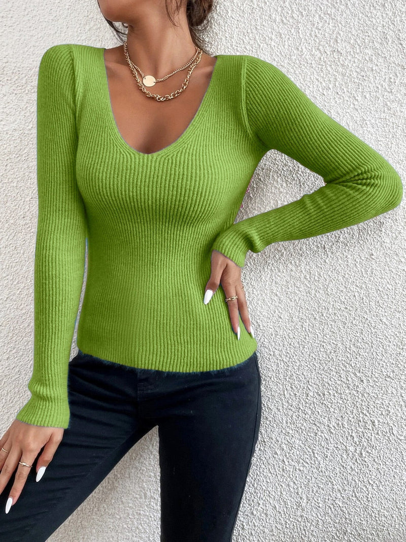 Damen Strickpullover | V-Ausschnitt | Feinstrick | Slim Fit | Unifarbe-Grün-S-Luzern Mode