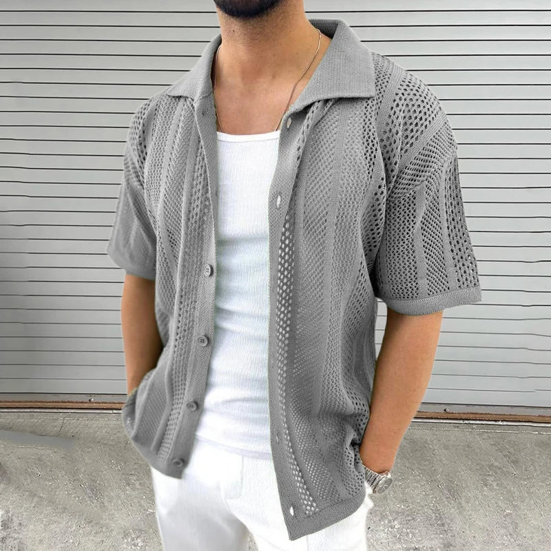 Kurzarm Herren Strickhemd | Atmungsaktiv | Sommerlook | Freizeit Outfit-Grau-M-Luzern Mode