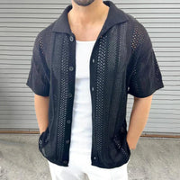 Kurzarm Herren Strickhemd | Atmungsaktiv | Sommerlook | Freizeit Outfit-Schwarz-M-Luzern Mode