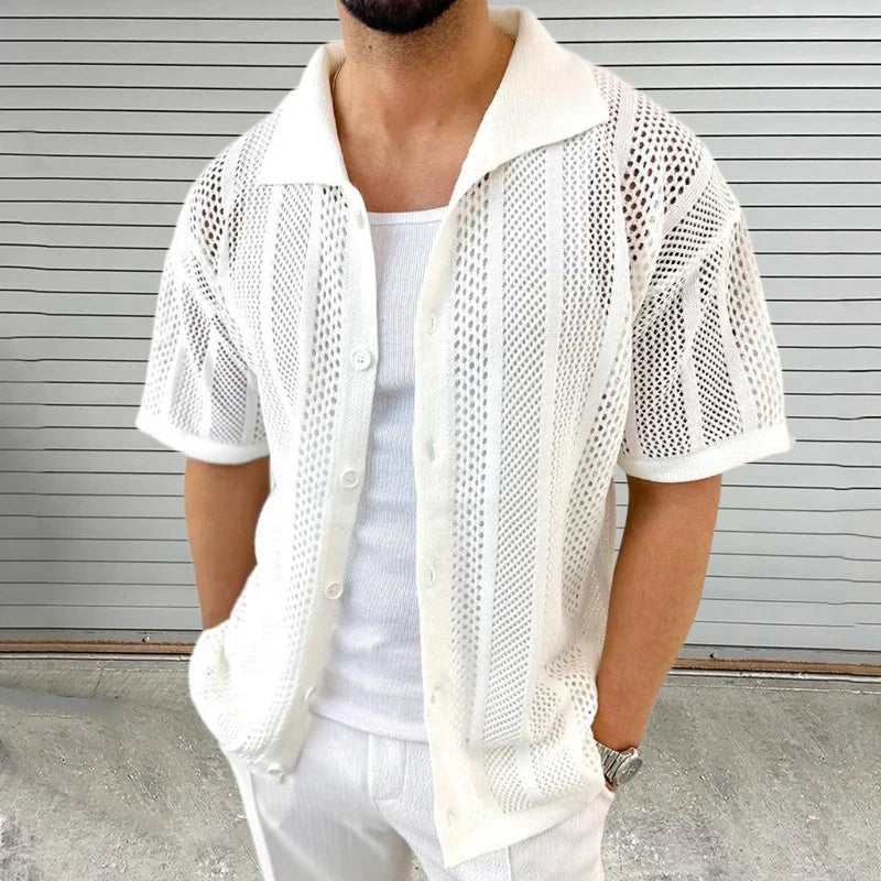 Kurzarm Herren Strickhemd | Atmungsaktiv | Sommerlook | Freizeit Outfit-Weiß-M-Luzern Mode