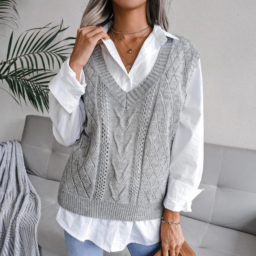 Damen Strickpullunder V-Ausschnitt - Modischer Look-Grau-S-Luzern Mode
