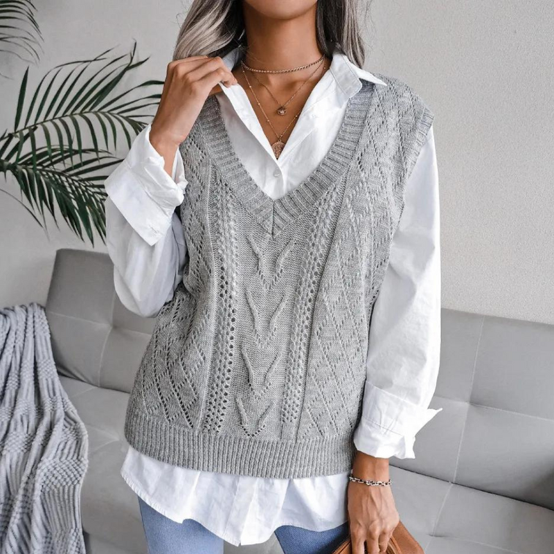 Damen Strickpullunder V-Ausschnitt - Modischer Look-Grau-S-Luzern Mode