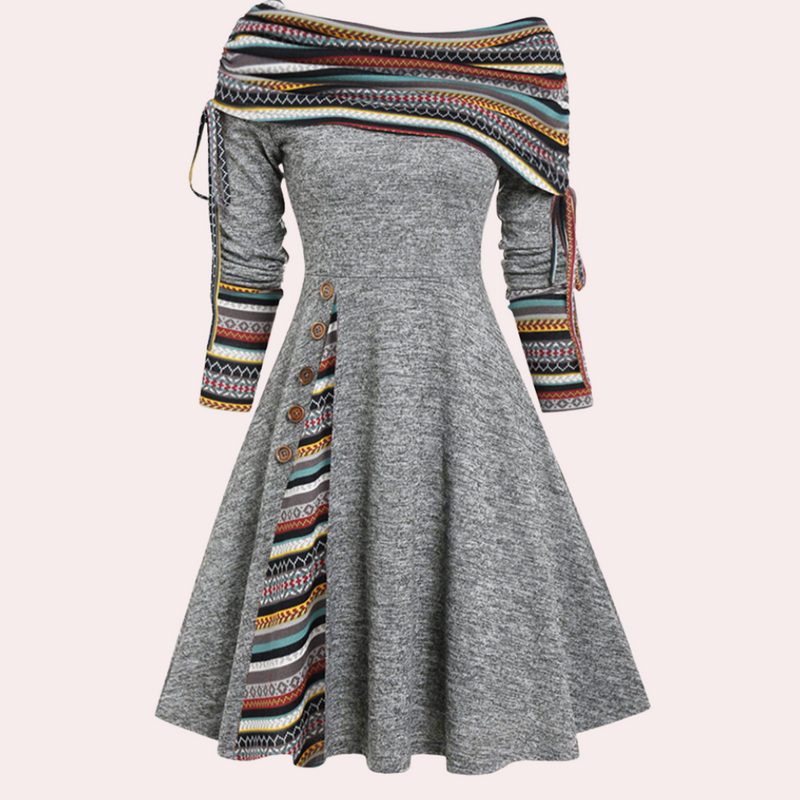 Elegantes Damenkleid mit Schal und Knopfleiste-Grau-XS-Luzern Mode