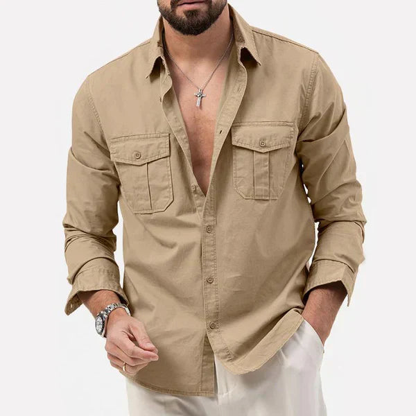 Herrenhemd | Lange Ärmel | Cargo-Stil | Knöpfe | Kragen | Einfarbig-Khaki-S-Luzern Mode