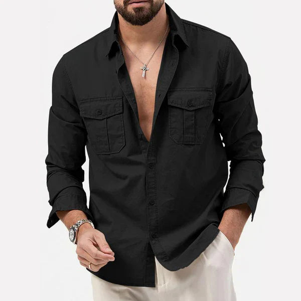 Herrenhemd | Lange Ärmel | Cargo-Stil | Knöpfe | Kragen | Einfarbig-Schwarz-S-Luzern Mode
