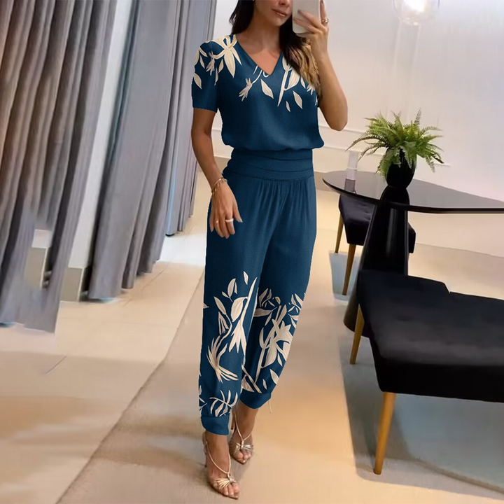 Bedruckter Jumpsuit | Weite Beine | Kurze Ärmel | Schleifendetail | V-Ausschnitt-Blau-S-Luzern Mode
