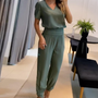 Bedruckter Jumpsuit | Weite Beine | Kurze Ärmel | Schleifendetail | V-Ausschnitt-Grau-grün-S-Luzern Mode