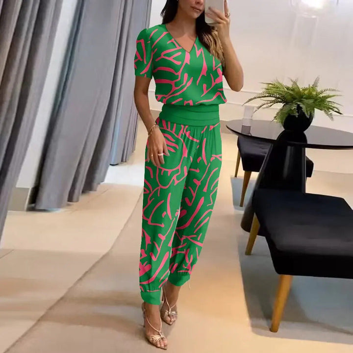 Bedruckter Jumpsuit | Weite Beine | Kurze Ärmel | Schleifendetail | V-Ausschnitt-Grün-S-Luzern Mode