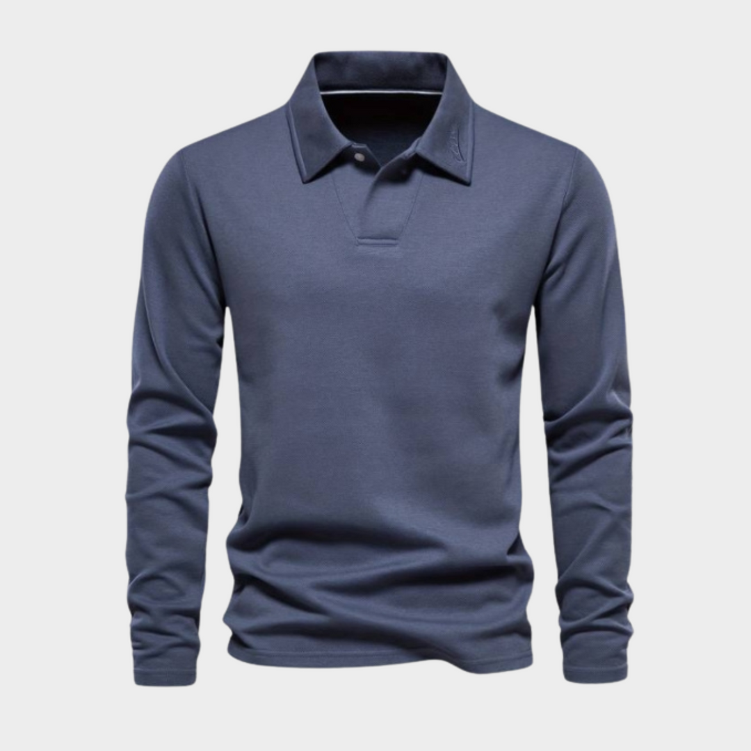 Herrenpullover | Lange Ärmel | Kragen | Einfarbig | Knöpfe | Reguläre Passform-Blau-S-Luzern Mode