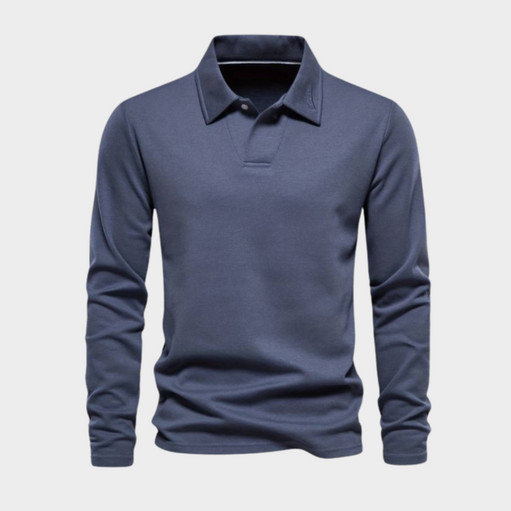 Herrenpullover | Lange Ärmel | Kragen | Einfarbig | Knöpfe | Reguläre Passform-Blau-S-Luzern Mode