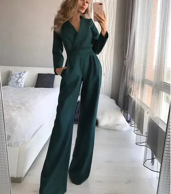 Damen-Jumpsuit | Lange Ärmel | V-Ausschnitt | Einfarbig | Baumwolle | Gerade Beine-Grün-S-Luzern Mode
