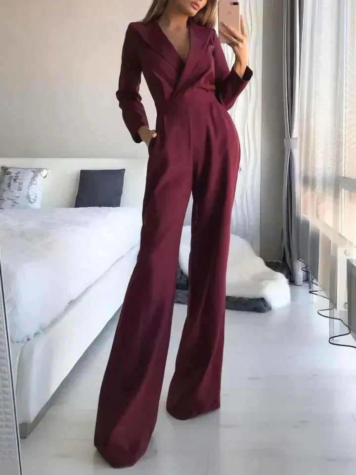 Damen-Jumpsuit | Lange Ärmel | V-Ausschnitt | Einfarbig | Baumwolle | Gerade Beine-Rot-S-Luzern Mode
