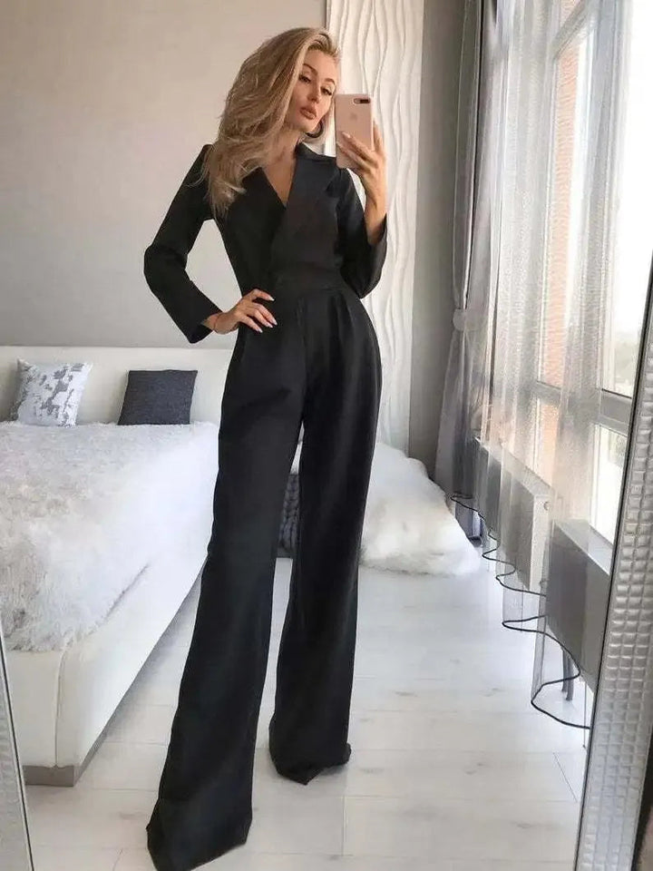 Damen-Jumpsuit | Lange Ärmel | V-Ausschnitt | Einfarbig | Baumwolle | Gerade Beine-Schwarz-S-Luzern Mode