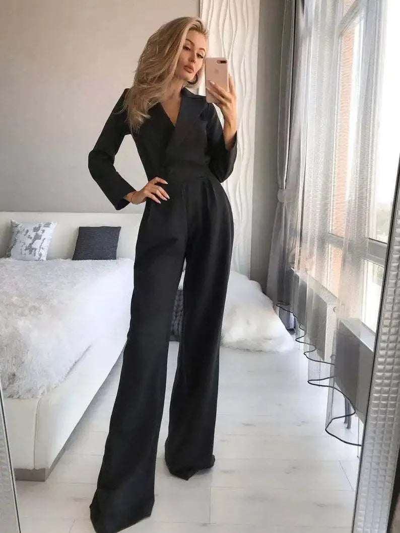 Damen-Jumpsuit | Lange Ärmel | V-Ausschnitt | Einfarbig | Baumwolle | Gerade Beine-Schwarz-S-Luzern Mode
