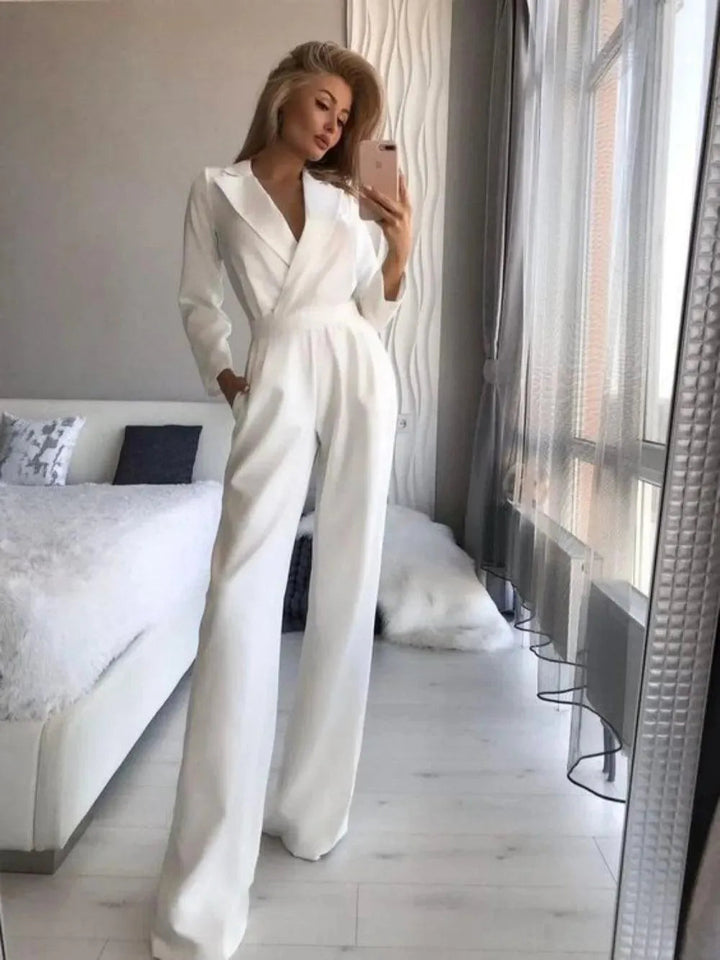 Damen-Jumpsuit | Lange Ärmel | V-Ausschnitt | Einfarbig | Baumwolle | Gerade Beine-Weiß-S-Luzern Mode