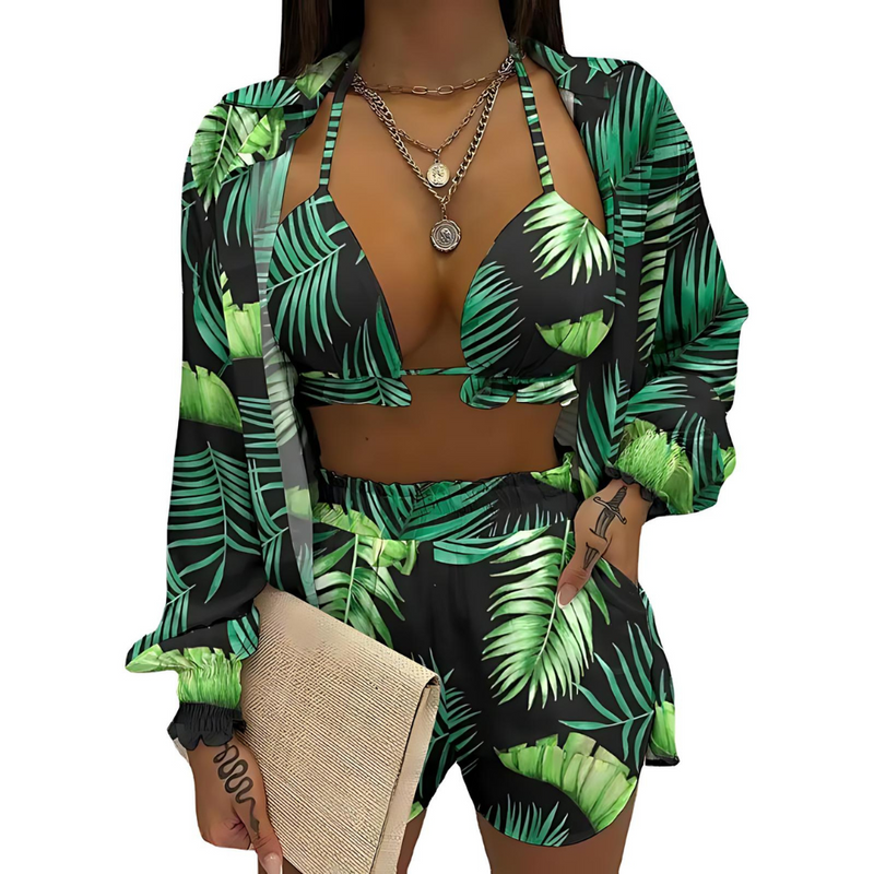 3-teiliges Sommer Set Damen | Tropen Look | Bikini Shorts Cover-up | Leicht & stylisch-Banane-Grün-S-Luzern Mode