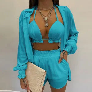 3-teiliges Sommer Set Damen | Tropen Look | Bikini Shorts Cover-up | Leicht & stylisch-Blau-S-Luzern Mode