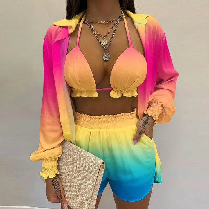 3-teiliges Sommer Set Damen | Tropen Look | Bikini Shorts Cover-up | Leicht & stylisch-Bunt-S-Luzern Mode