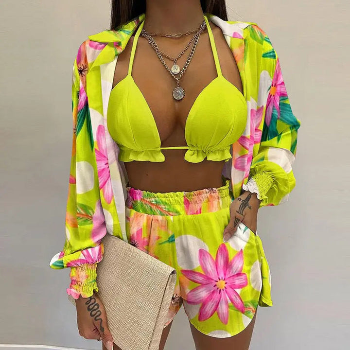 3-teiliges Sommer Set Damen | Tropen Look | Bikini Shorts Cover-up | Leicht & stylisch-Fluorgrün-S-Luzern Mode