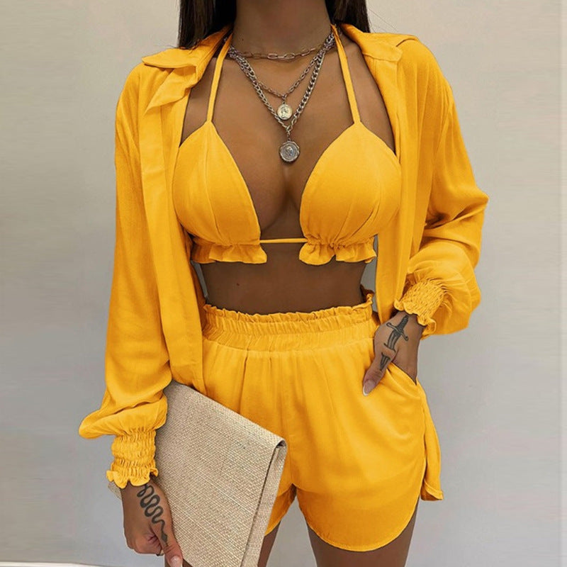 3-teiliges Sommer Set Damen | Tropen Look | Bikini Shorts Cover-up | Leicht & stylisch-Gelb-S-Luzern Mode