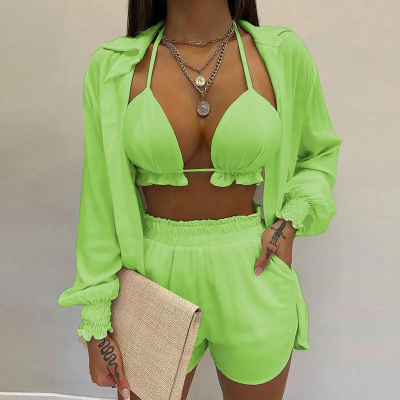 3-teiliges Sommer Set Damen | Tropen Look | Bikini Shorts Cover-up | Leicht & stylisch-Grün-S-Luzern Mode