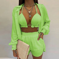 3-teiliges Sommer Set Damen | Tropen Look | Bikini Shorts Cover-up | Leicht & stylisch-Grün-S-Luzern Mode