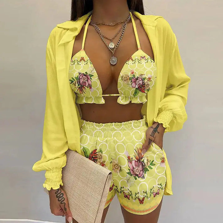 3-teiliges Sommer Set Damen | Tropen Look | Bikini Shorts Cover-up | Leicht & stylisch-Hellgelb-S-Luzern Mode