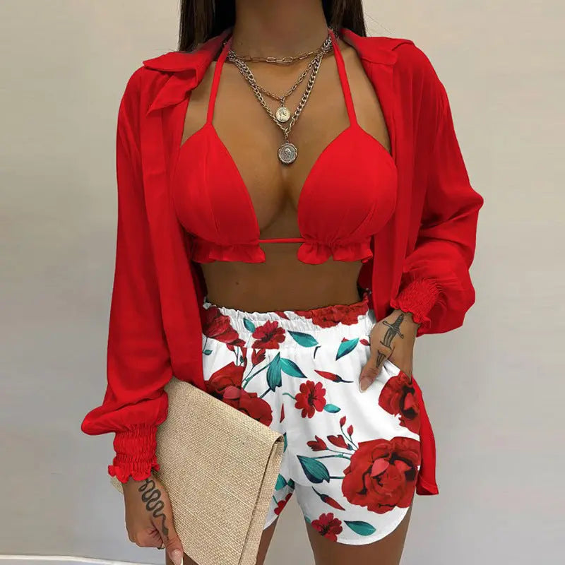 3-teiliges Sommer Set Damen | Tropen Look | Bikini Shorts Cover-up | Leicht & stylisch-Rot gemustert-S-Luzern Mode