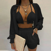 3-teiliges Sommer Set Damen | Tropen Look | Bikini Shorts Cover-up | Leicht & stylisch-Schwarz-S-Luzern Mode