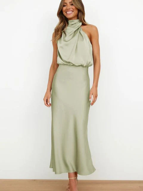 Lange Cocktailkleid | Hohe Kragen | Ärmellos | Flatternd | Glänzend-Hellgrün-S-Luzern Mode