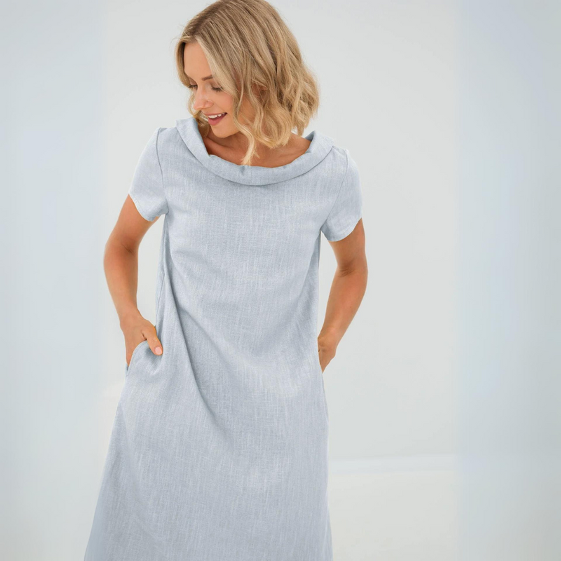 Sommerkleid Damen Leinen | Luftig | Kurzarm mit Taschen | Für Alltag & Urlaub-Babyblau-XS-Luzern Mode