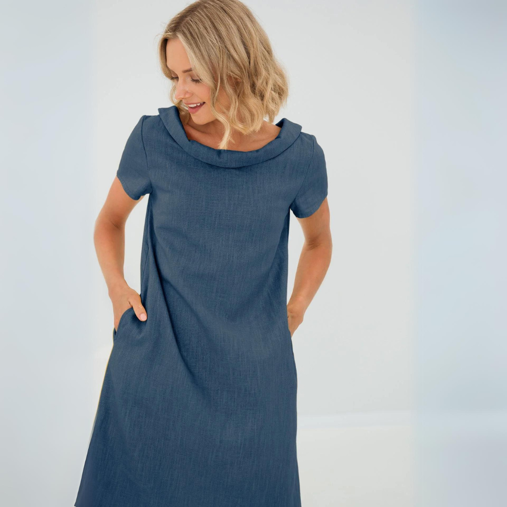 Sommerkleid Damen Leinen | Luftig | Kurzarm mit Taschen | Für Alltag & Urlaub-Dunkelblau-XS-Luzern Mode
