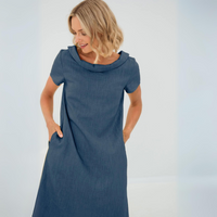 Sommerkleid Damen Leinen | Luftig | Kurzarm mit Taschen | Für Alltag & Urlaub-Dunkelblau-XS-Luzern Mode