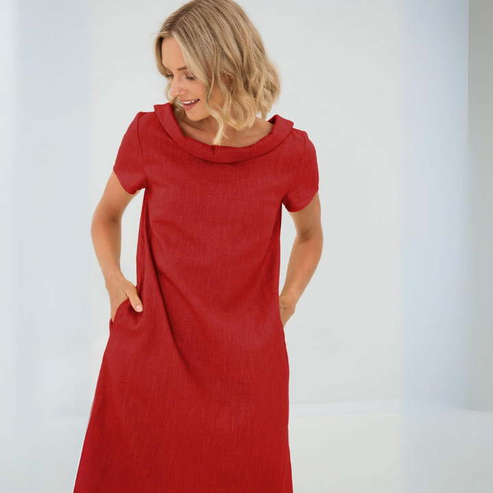Sommerkleid Damen Leinen | Luftig | Kurzarm mit Taschen | Für Alltag & Urlaub-Rot-XS-Luzern Mode