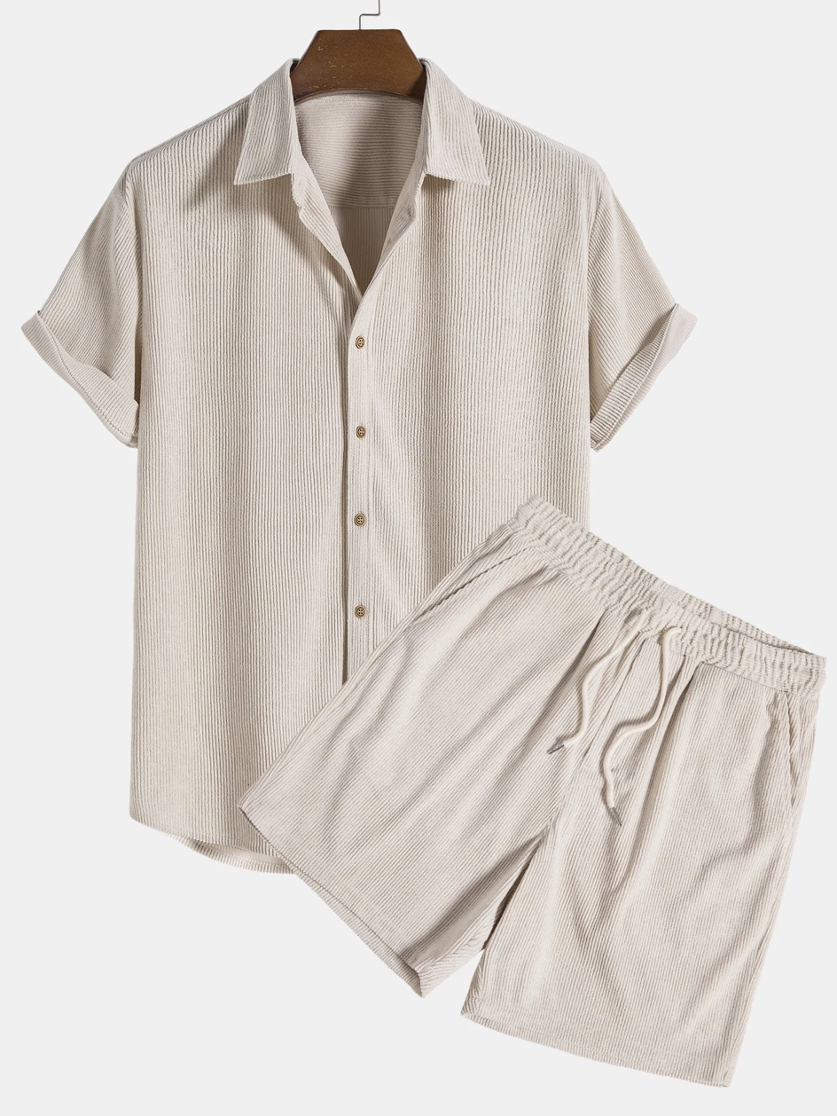 Herren Sommer Set | Kurzarmhemd und Shorts | Cordstoff | Komfortabel und stylisch-Beige-S-Luzern Mode