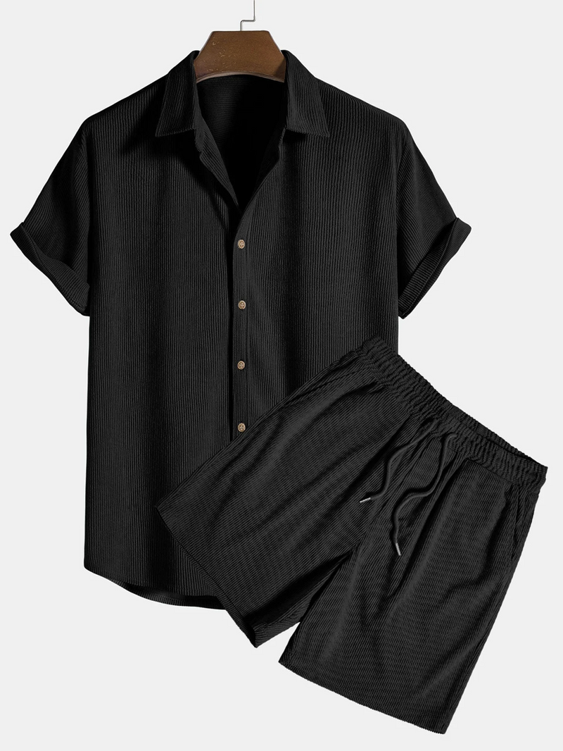 Herren Sommer Set | Kurzarmhemd und Shorts | Cordstoff | Komfortabel und stylisch-Schwarz-S-Luzern Mode