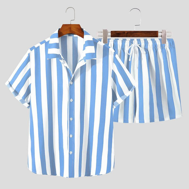 Herren Sommer Set Streifen | Luftig bequem | Für Strand Urlaub Freizeit Sommer-Blau-S-Luzern Mode