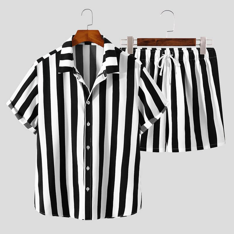 Herren Sommer Set Streifen | Luftig bequem | Für Strand Urlaub Freizeit Sommer-Schwarz-S-Luzern Mode